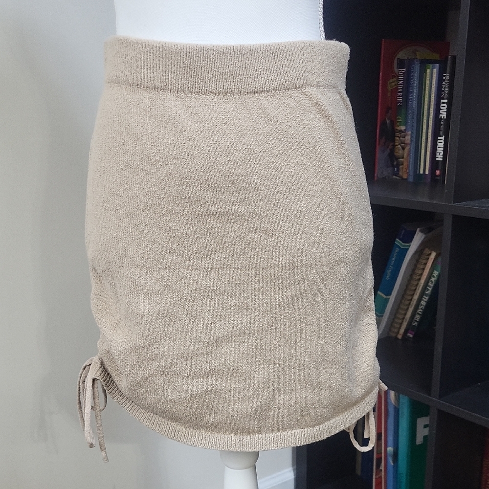 Light Brown Stretchy Knit Elastic Waist Drawsting Side Hem Mini Skirt